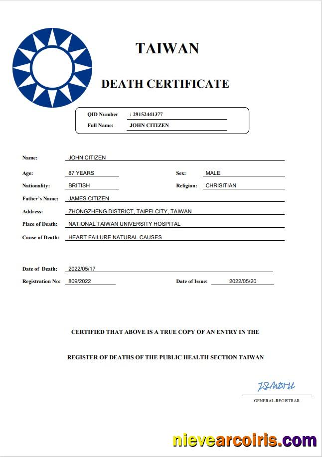 Taiwan death certificate
